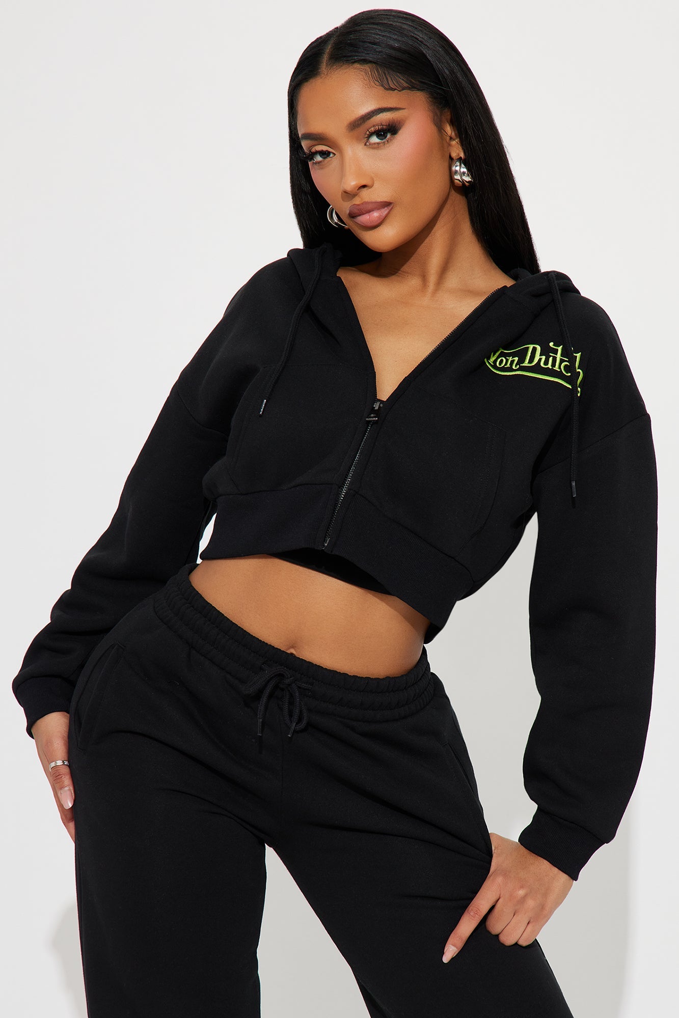Von Dutch Embroidered Cropped Hoodie - Black/Green