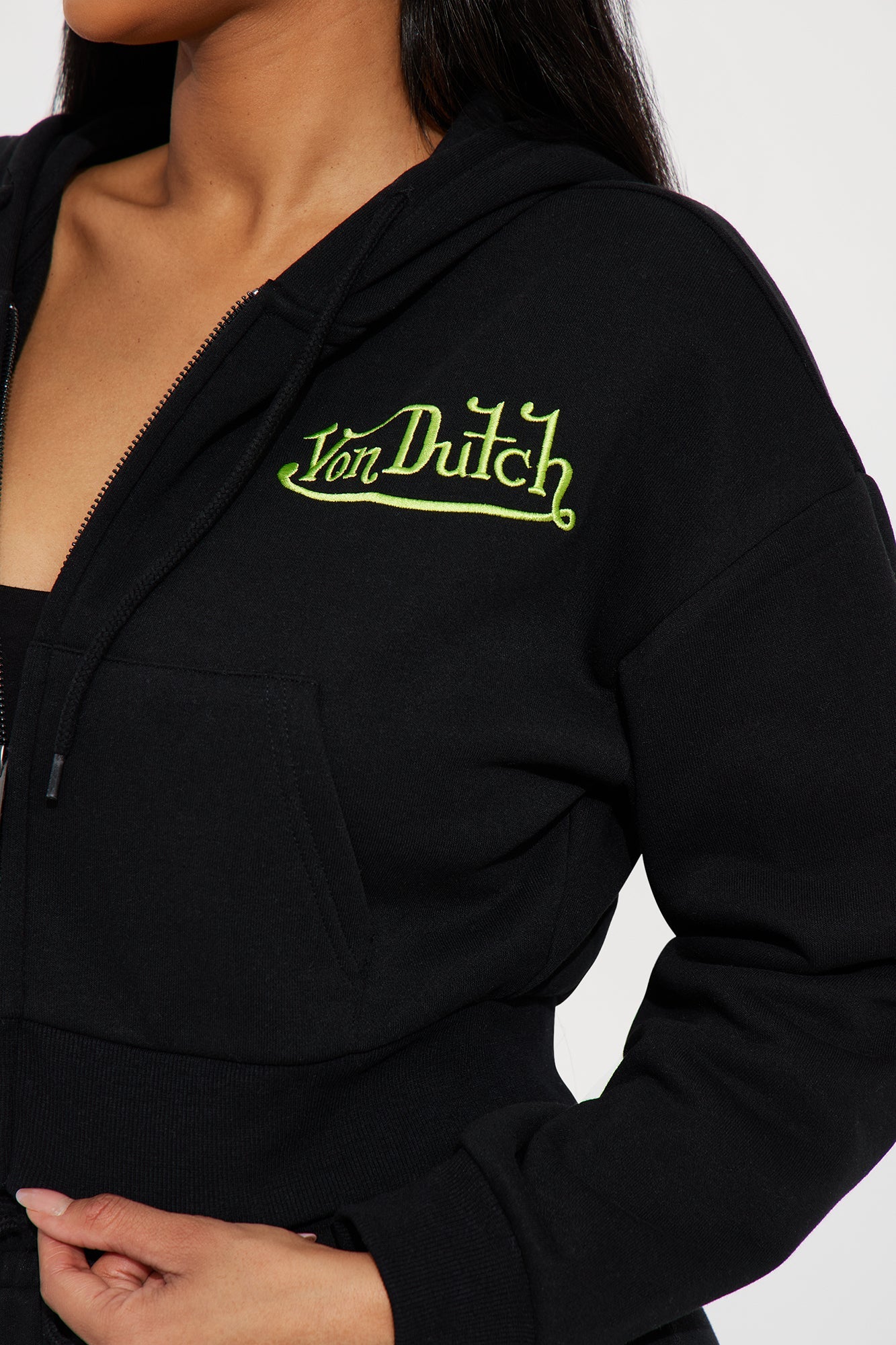 Von Dutch Embroidered Cropped Hoodie - Black/Green