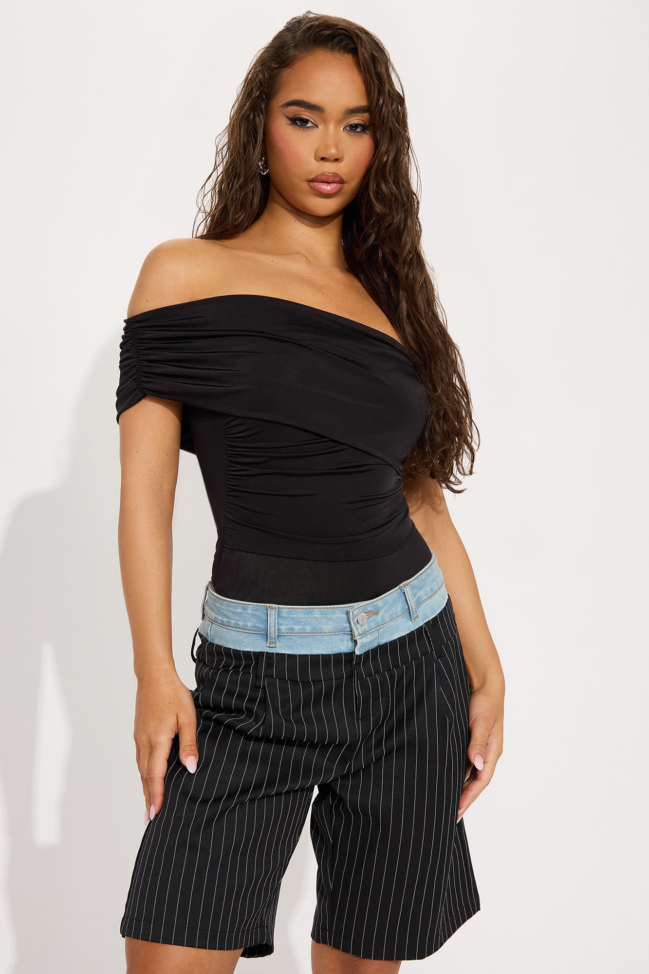 Reese Off Shoulder Ruched Bodysuit - Black
