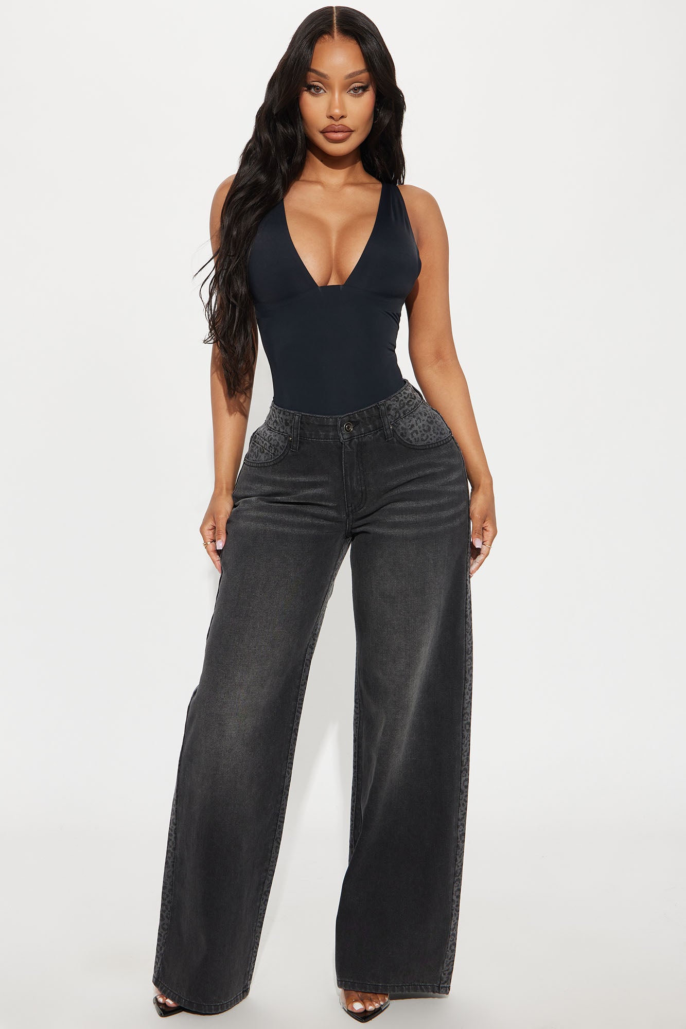 Wild Side Leopard Print Wide Leg Jeans - Black Wash