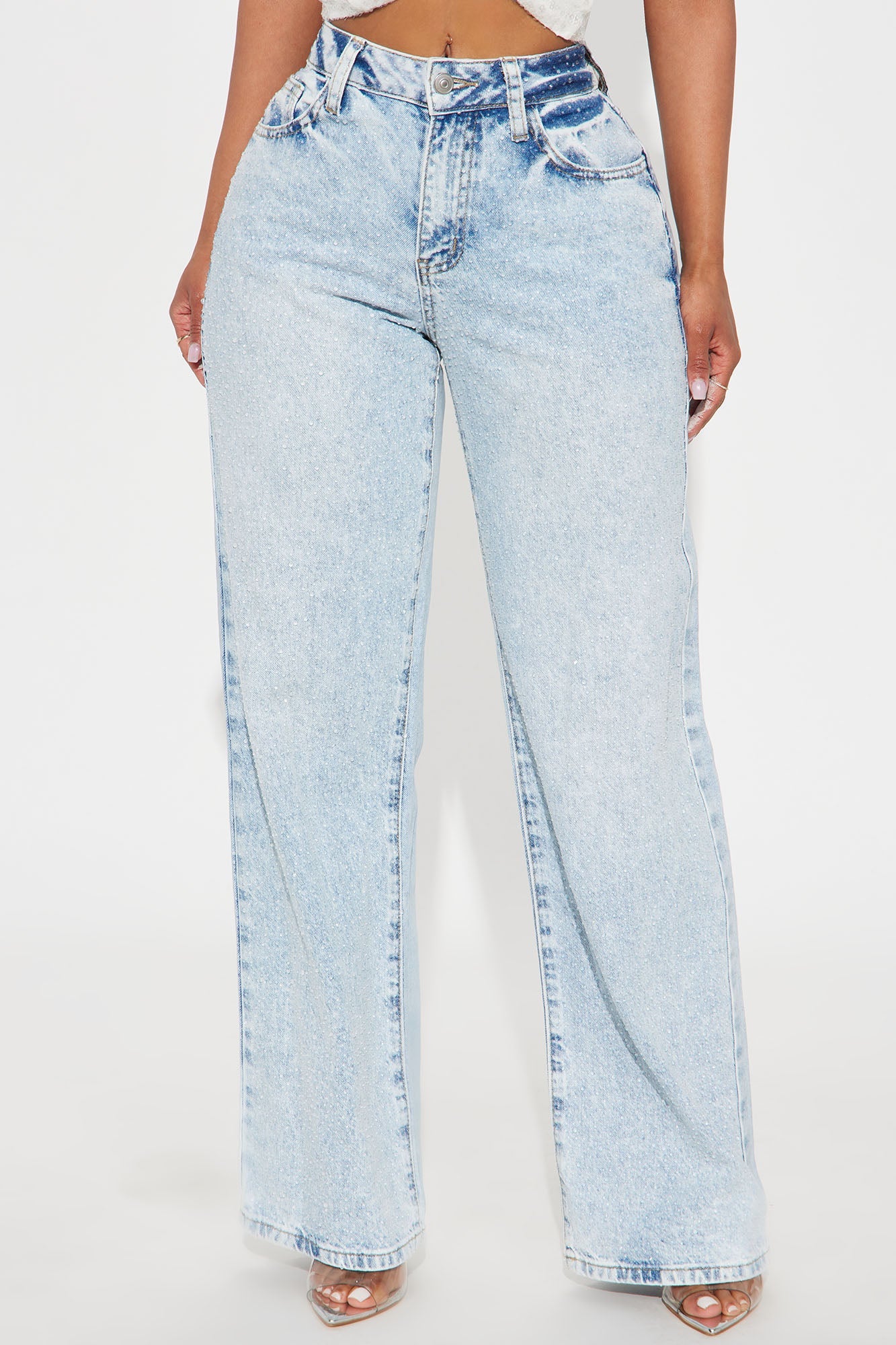 All That Shines Stretch Embellished Straight Leg Jeans - Light Wash