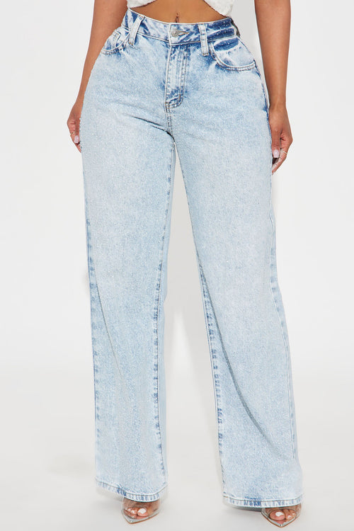 All That Shines Stretch Embellished Straight Leg Jeans - Light Wash