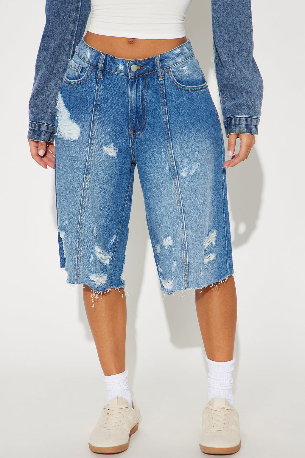 Back In Time Ripped Non Stretch Denim Jorts - Dark Wash