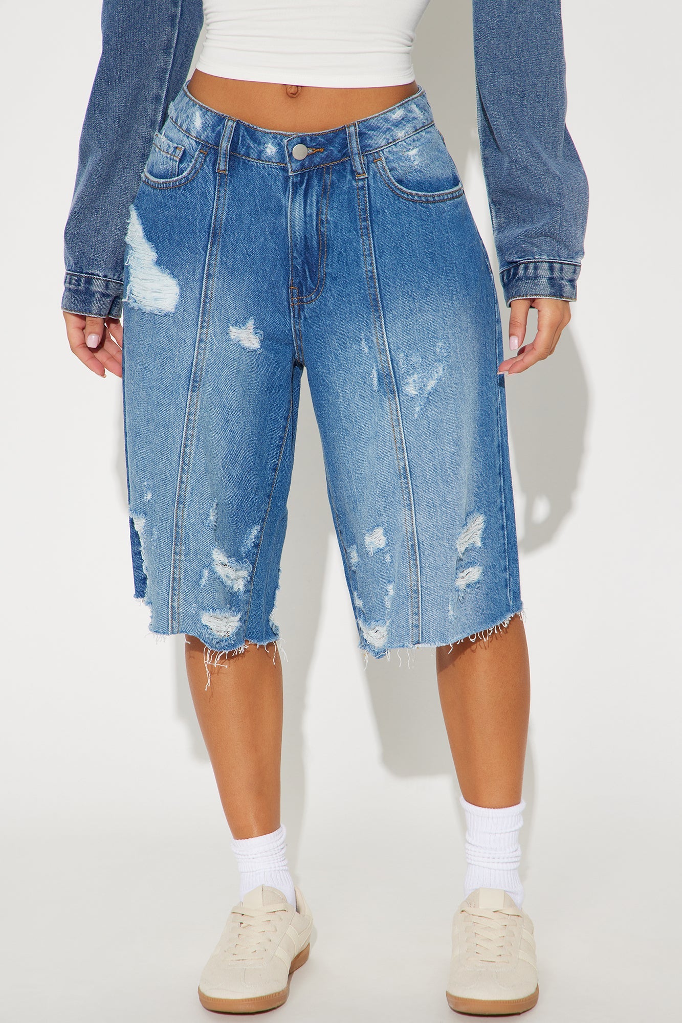 Back In Time Ripped Non Stretch Denim Jorts - Dark Wash