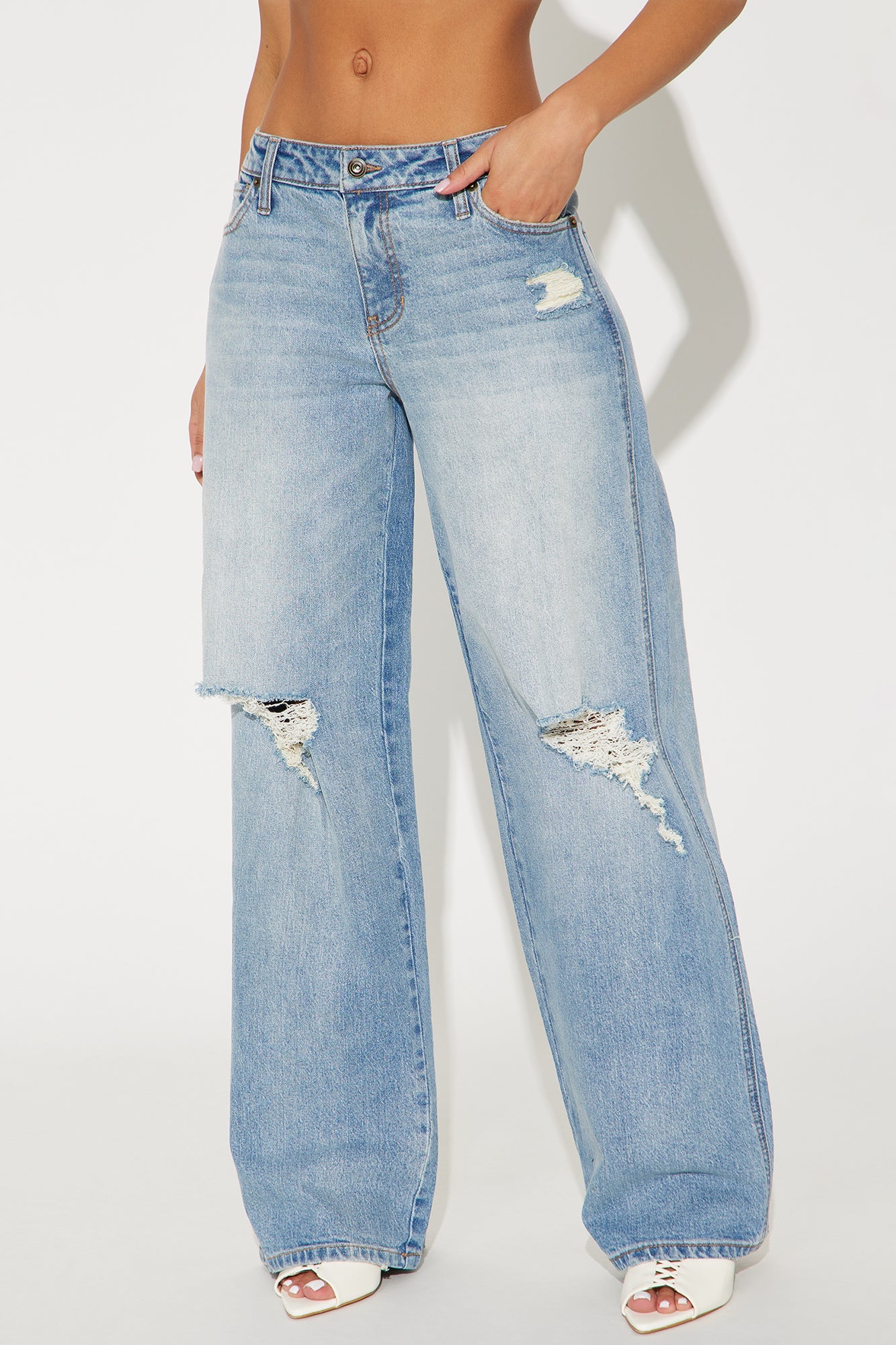 Always So Pressed Stretch Ripped Baggy Jeans - Medium Wash