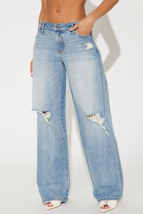 Always So Pressed Stretch Ripped Baggy Jeans - Medium Wash