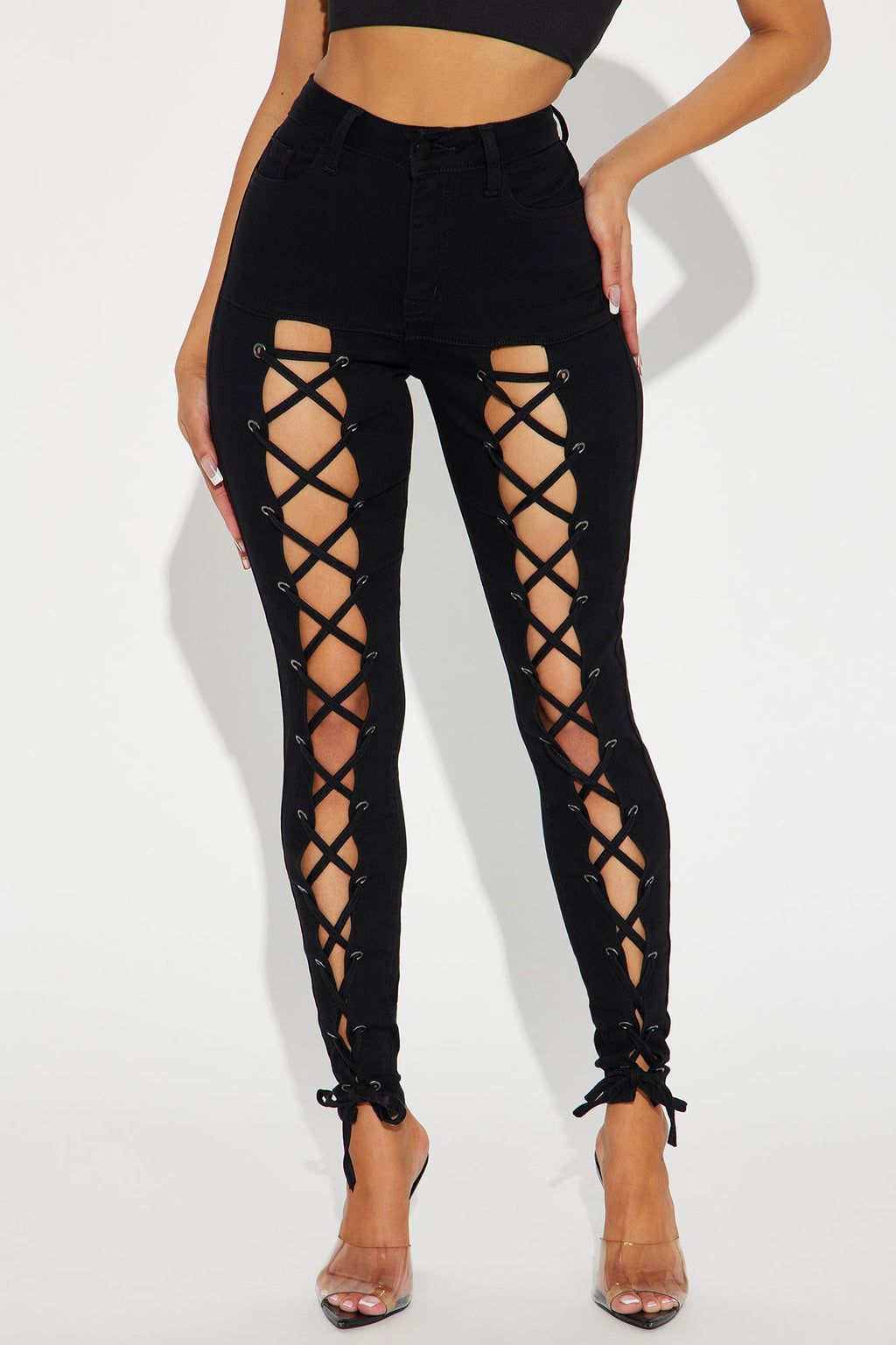 Bottle Service Lace Up Skinny Jeans - Black