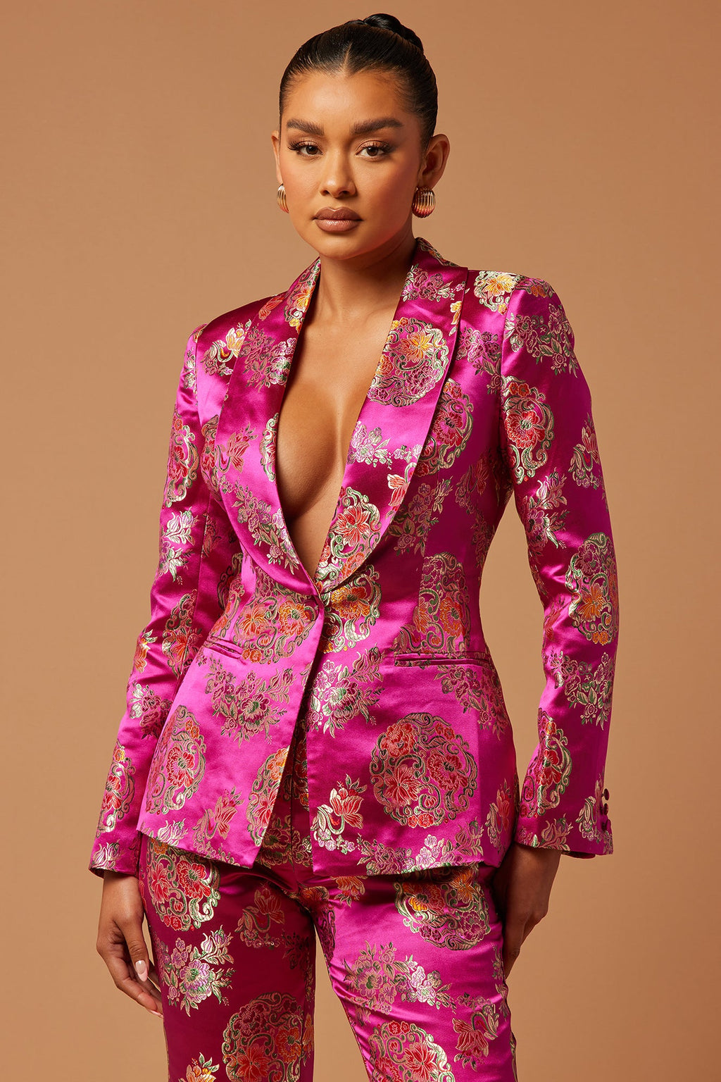 Margo Satin Embroidered Blazer Suit Set - Fuchsia