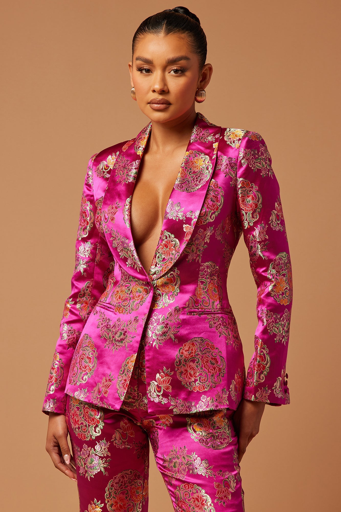 Margo Satin Embroidered Blazer Suit Set - Fuchsia