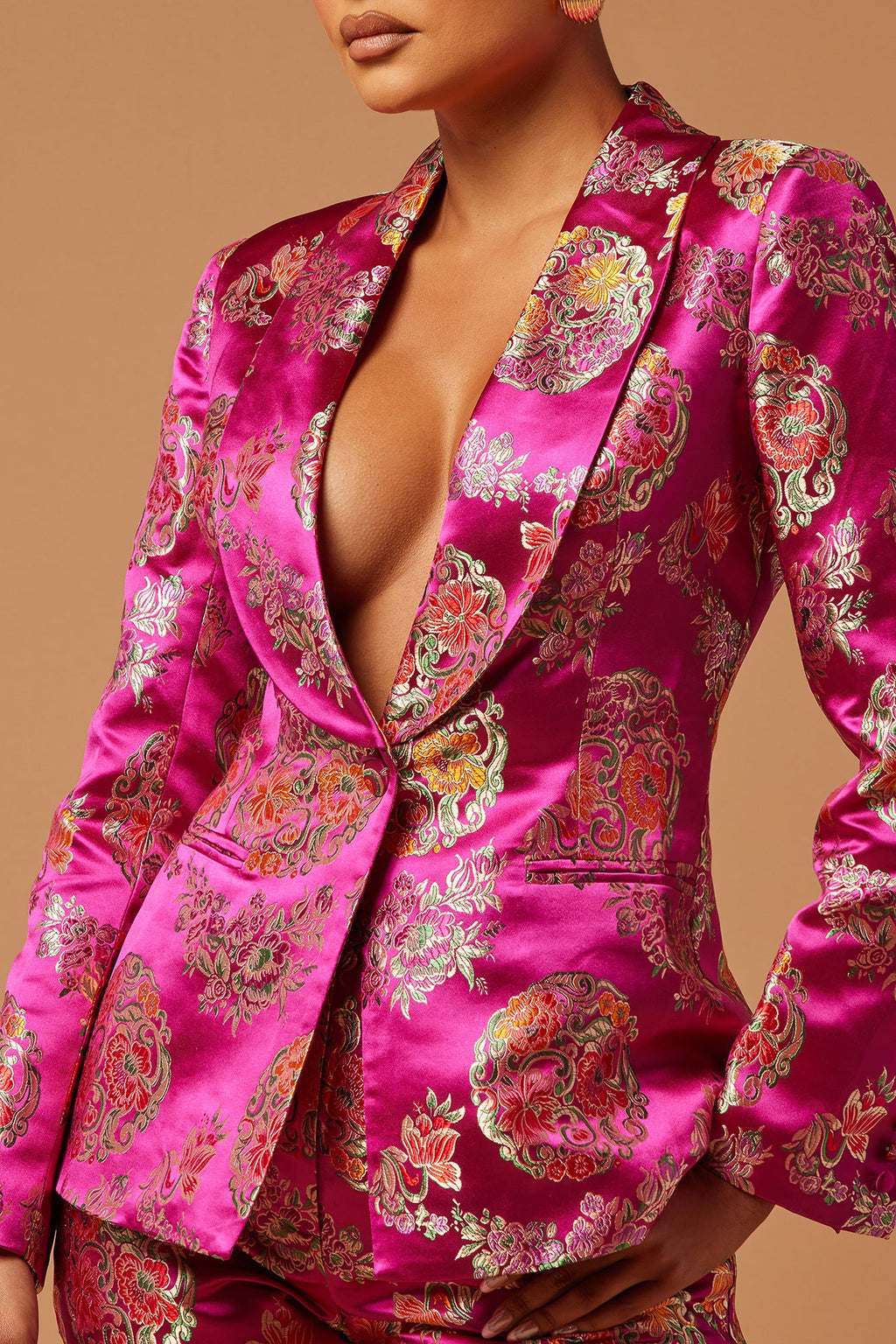Margo Satin Embroidered Blazer Suit Set - Fuchsia