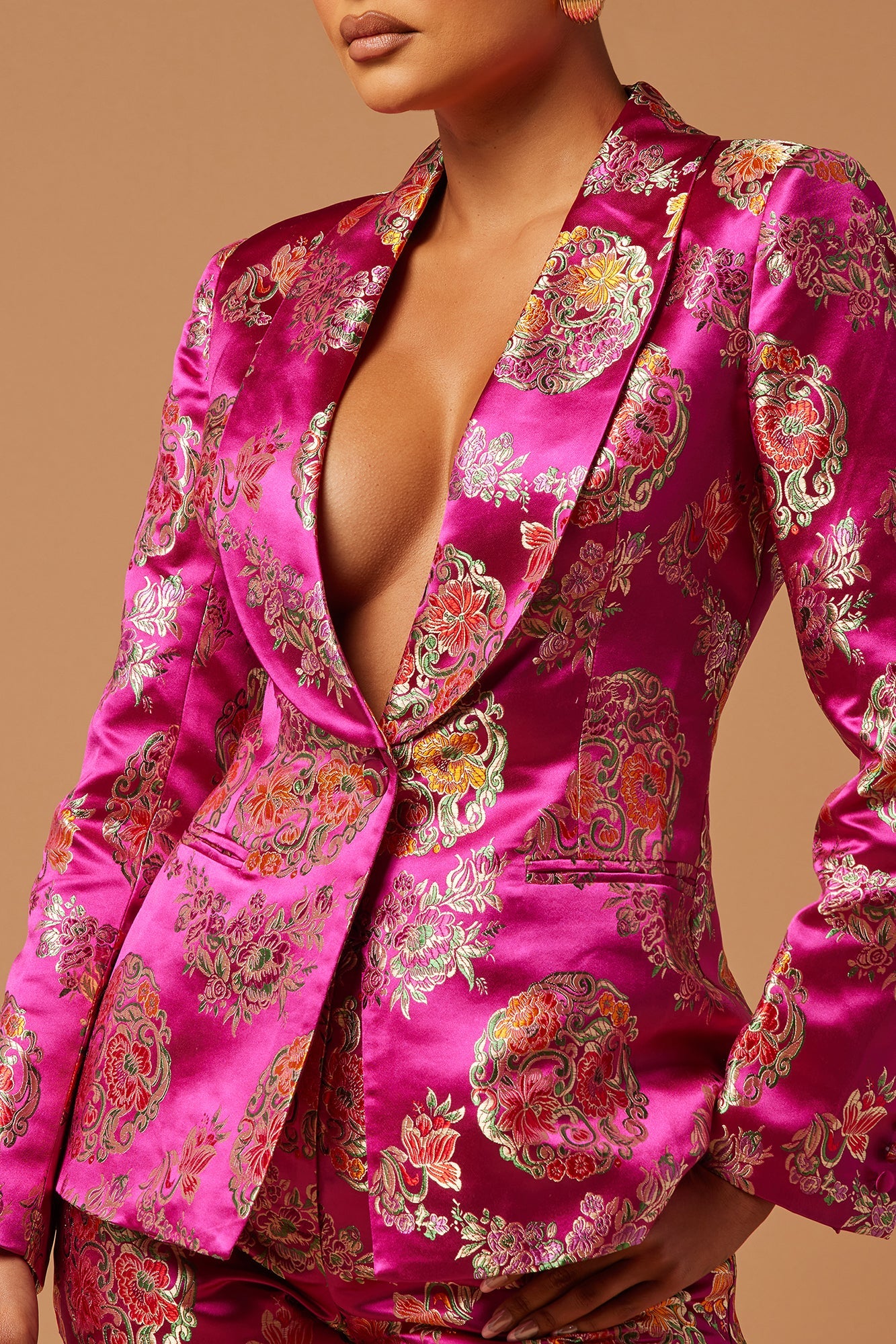 Margo Satin Embroidered Blazer Suit Set - Fuchsia