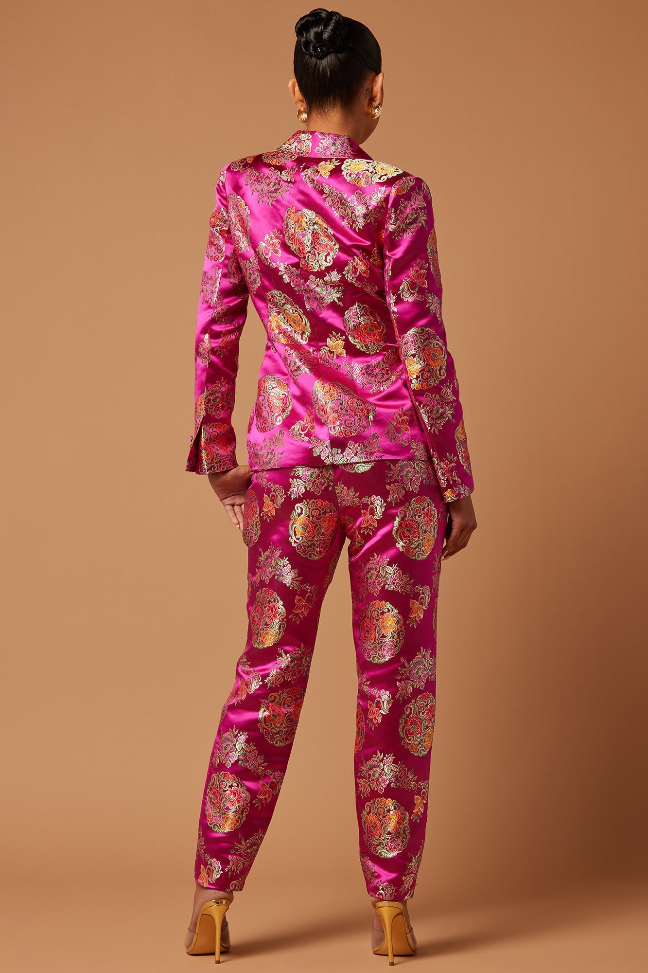 Margo Satin Embroidered Blazer Suit Set - Fuchsia