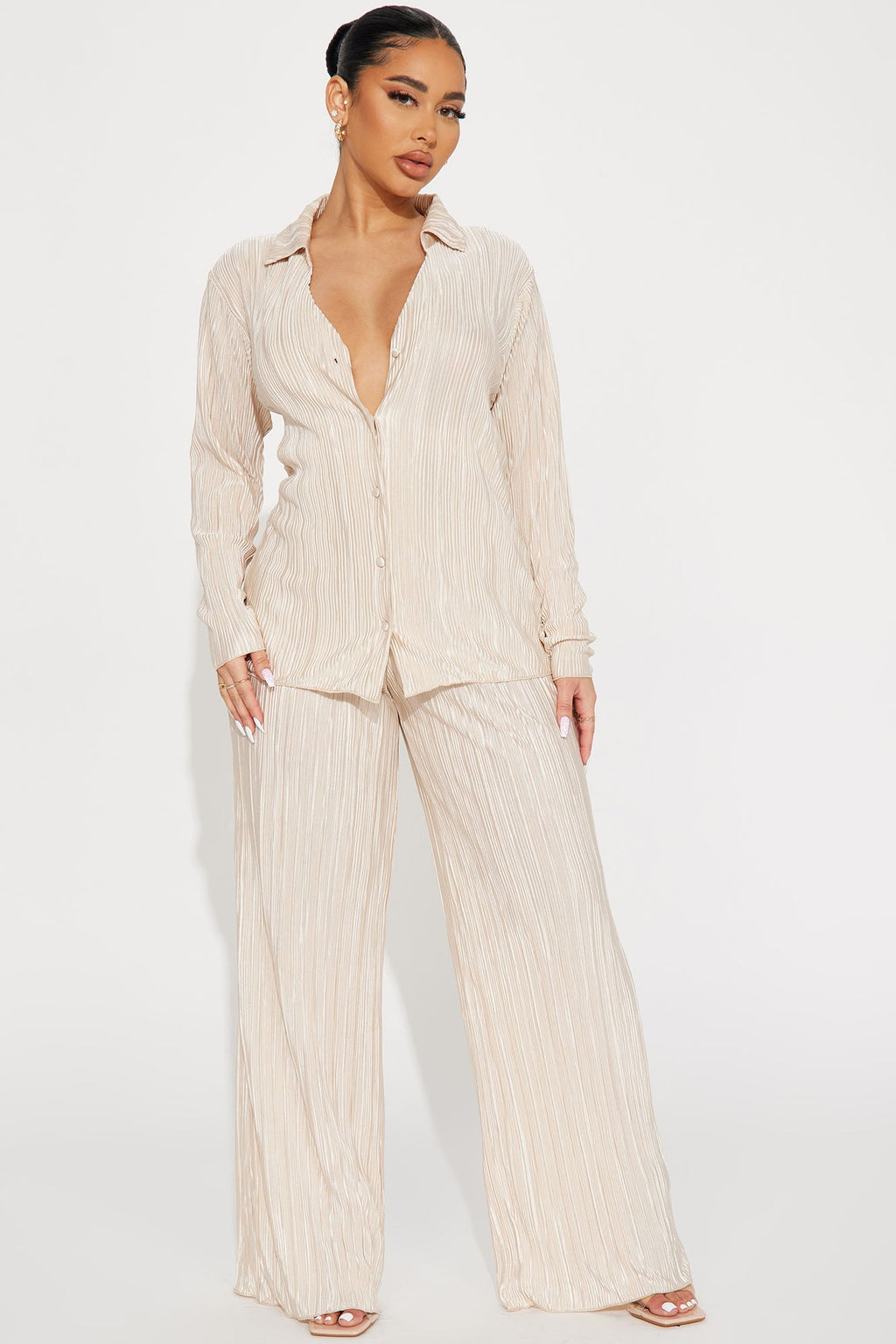 If It Plisse You Pant Set - Champagne