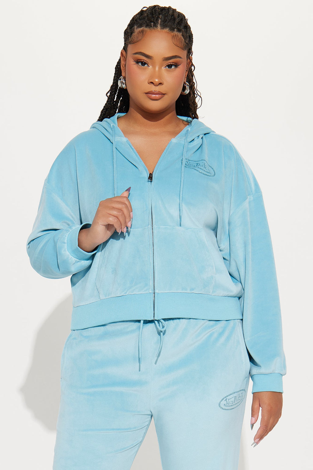 Von Dutch Velour Rhinestone Hoodie - Blue