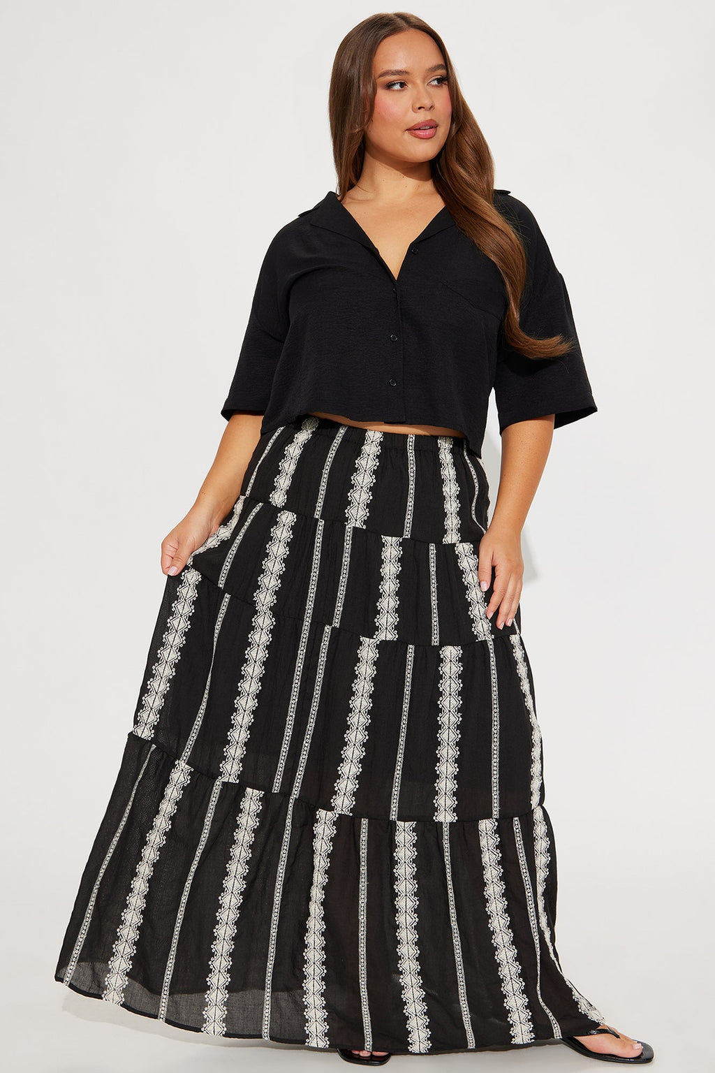 Nerina Embroidered Tiered Maxi Skirt - Black/combo