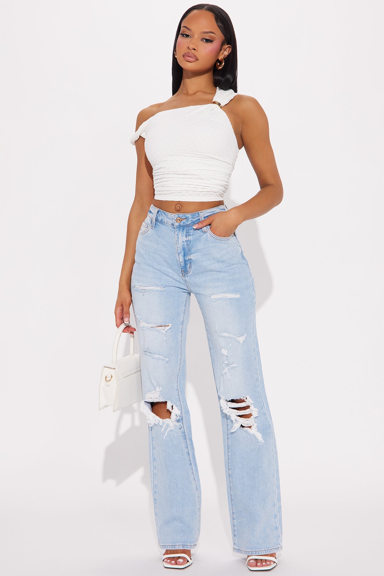 Posted Stretch Ripped Straight Leg Jeans - Light Wash