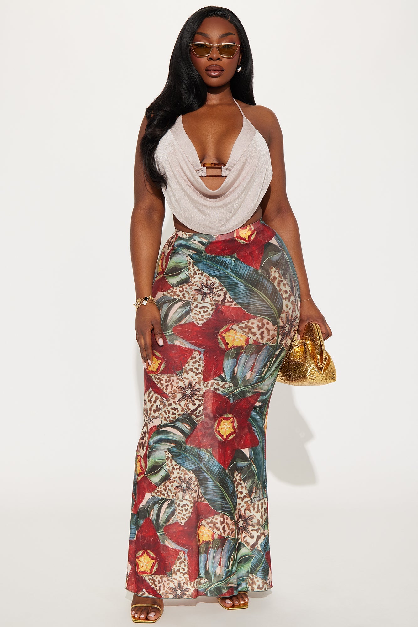 In Full Bloom Mesh Maxi Skirt - Brown/combo