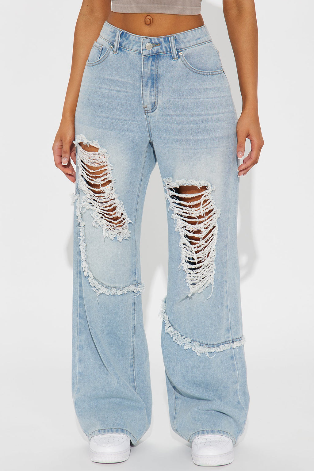 Landon Non Stretch Destructed Fray Wide Leg Jeans - Light Wash