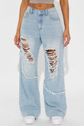 Landon Non Stretch Destructed Fray Wide Leg Jeans - Light Wash