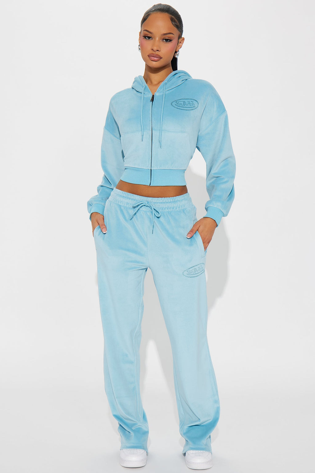 Von Dutch Velour Rhinestone Hoodie - Blue