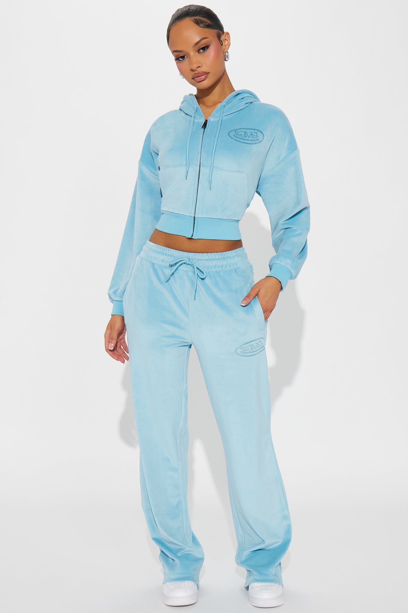 Von Dutch Velour Rhinestone Wide Leg Pant - Blue