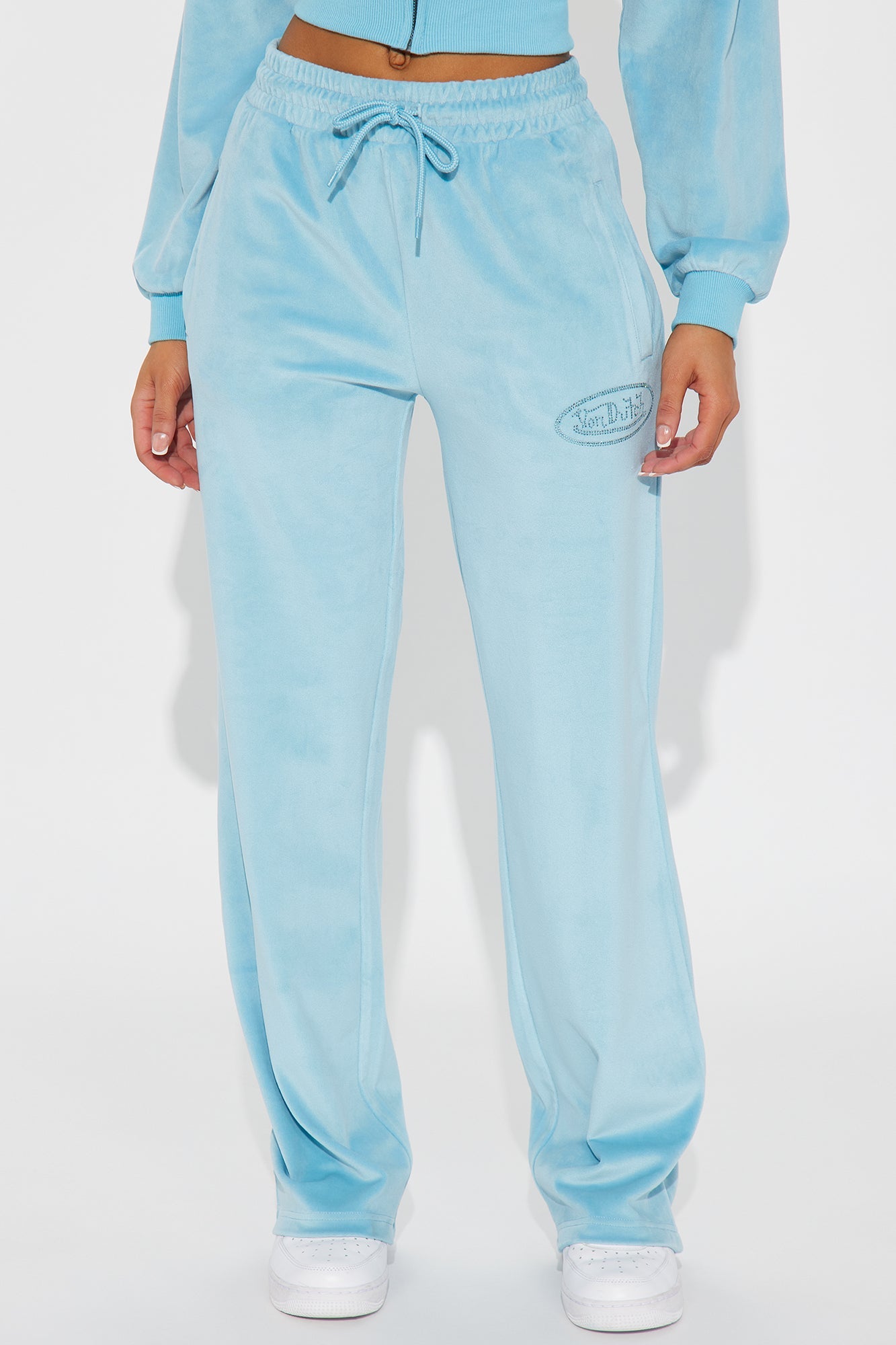 Von Dutch Velour Rhinestone Wide Leg Pant - Blue