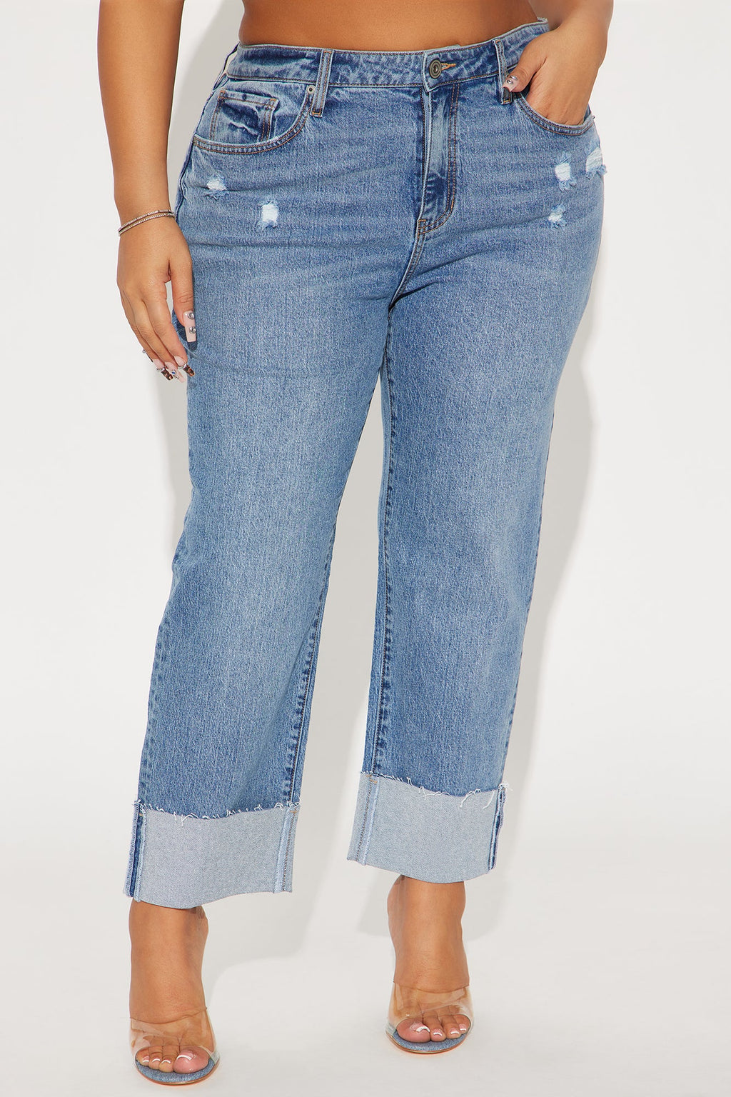 Solene Relaxed Cuffed Straight Leg Jeans - Medium Wash