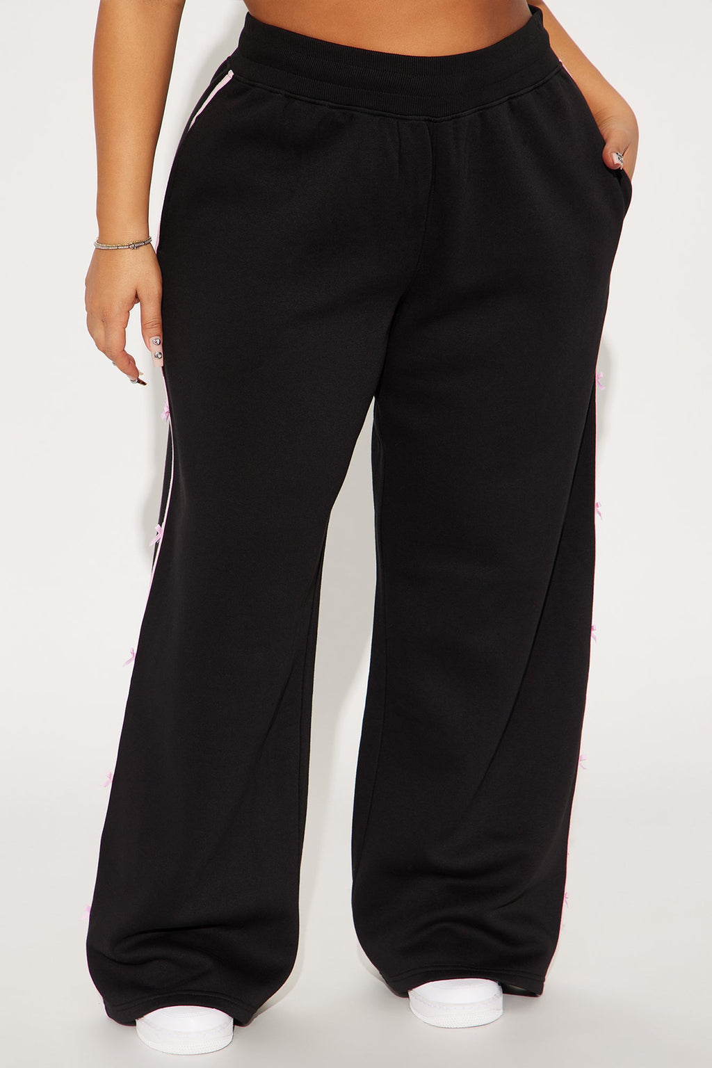 Sara Wide Leg Striped Fleece Pant - Black