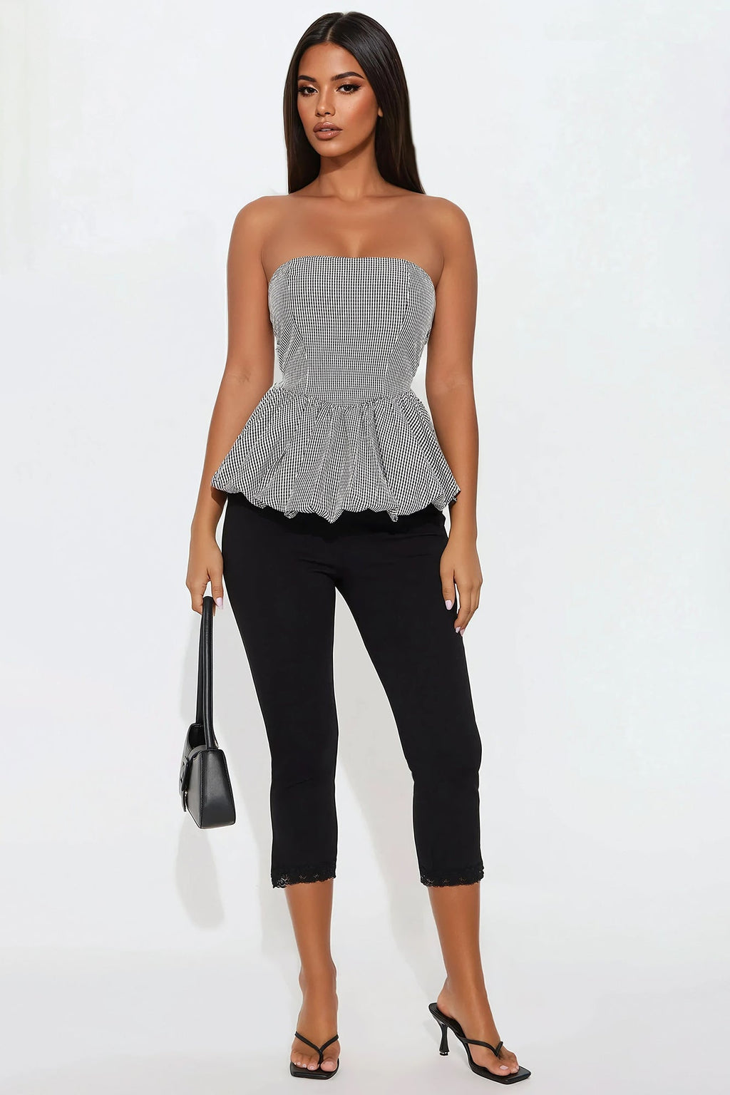 Sweet Honey Gingham Bubble Hem Top - Black/White