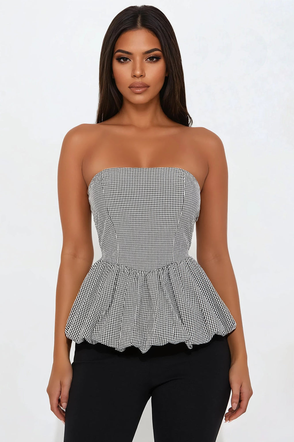 Sweet Honey Gingham Bubble Hem Top - Black/White