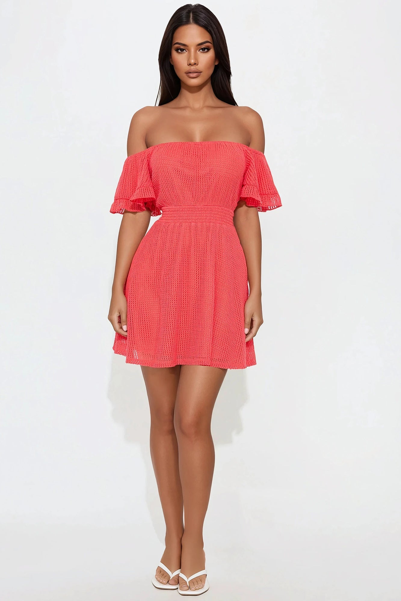 Brenda Off Shoulder Mini Dress - Coral