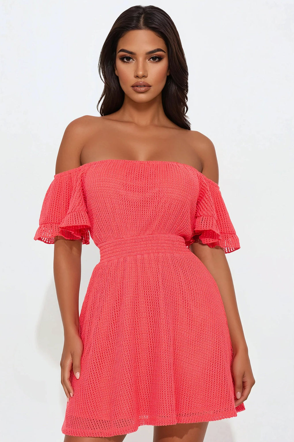 Brenda Off Shoulder Mini Dress - Coral