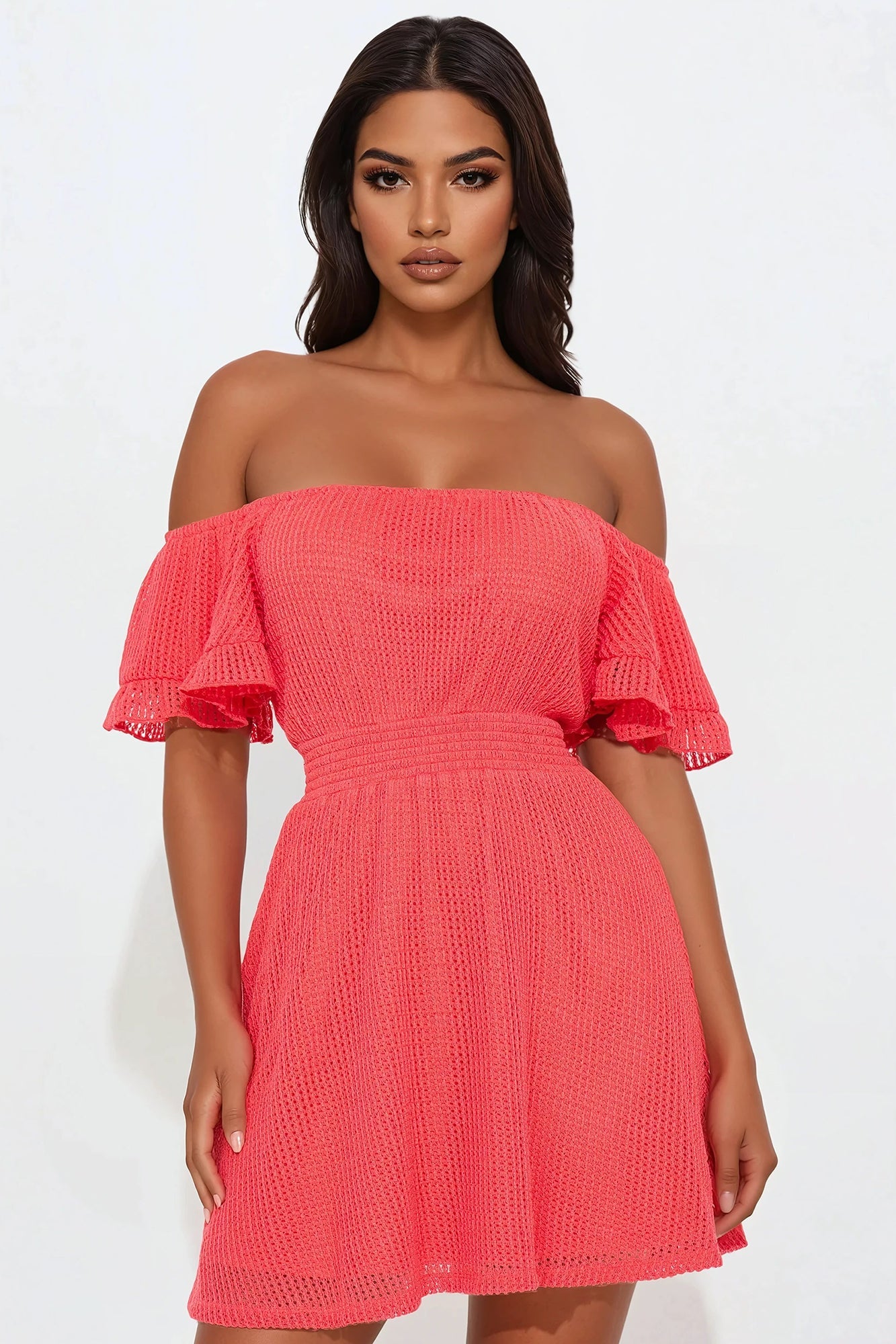 Brenda Off Shoulder Mini Dress - Coral