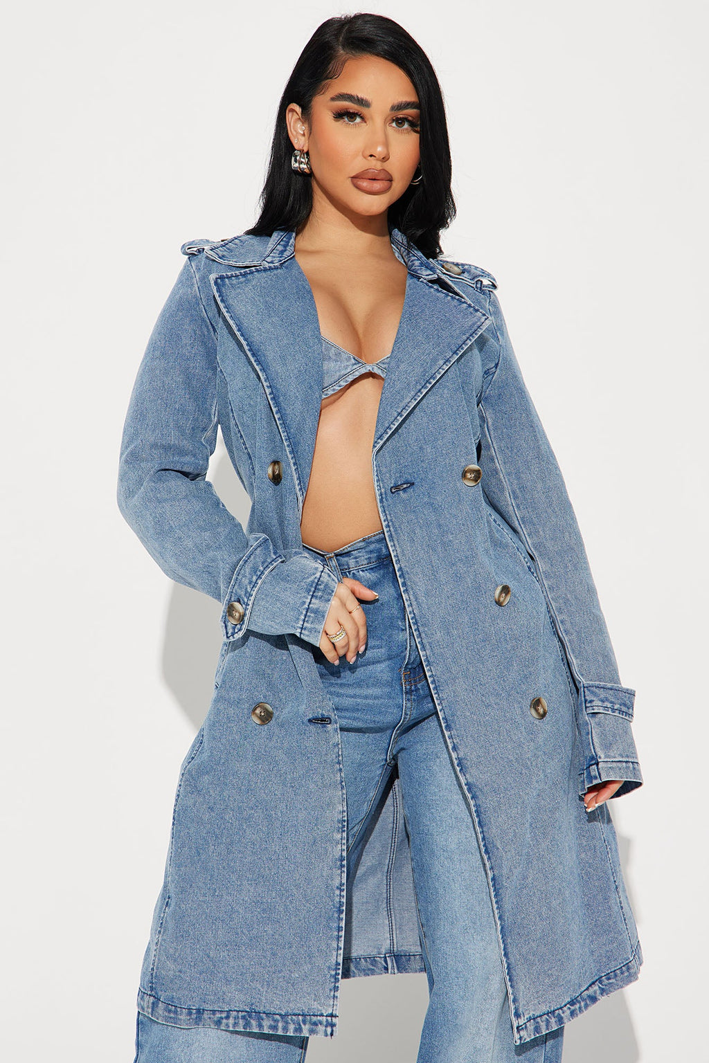 Take You There Denim Trench - Medium Blue Wash
