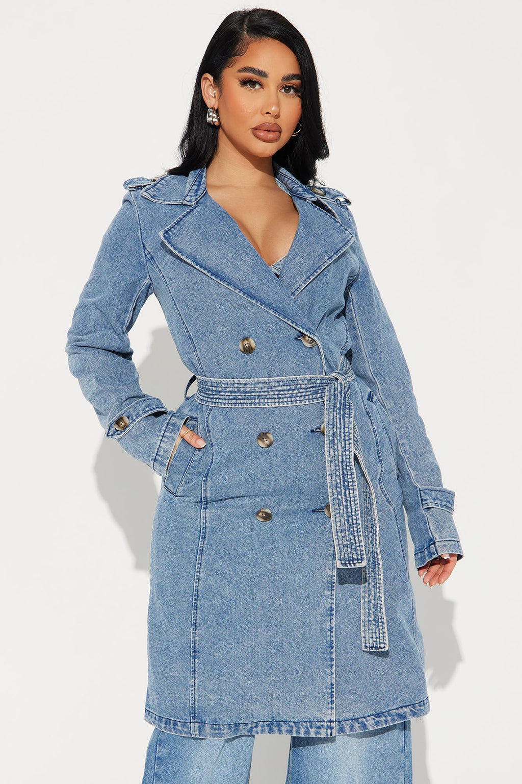 Take You There Denim Trench - Medium Blue Wash