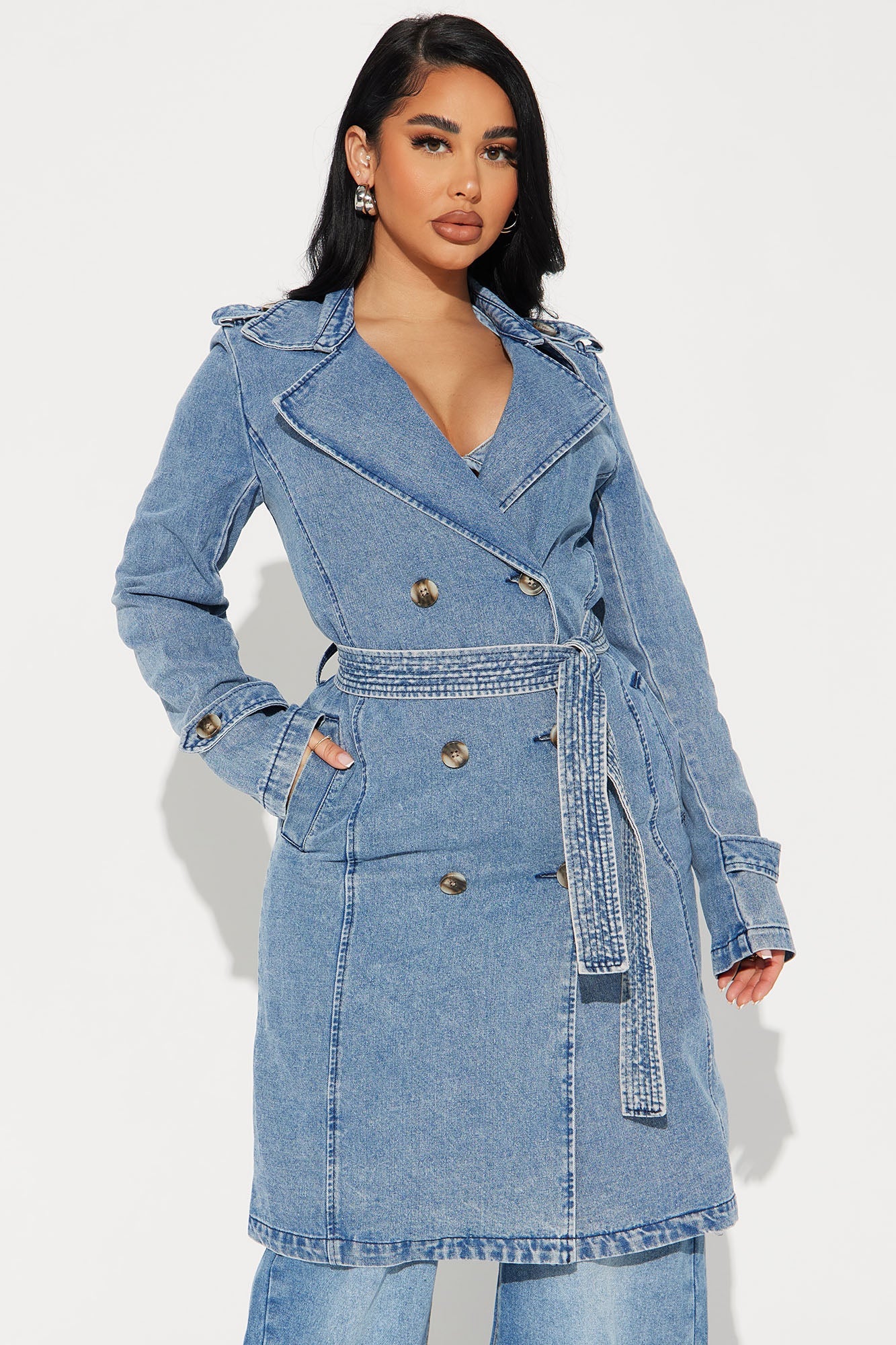 Take You There Denim Trench - Medium Blue Wash