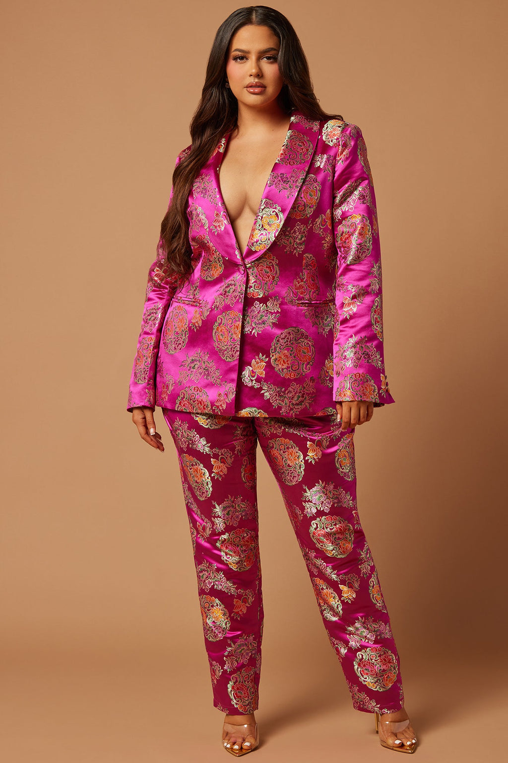 Margo Satin Embroidered Blazer Suit Set - Fuchsia