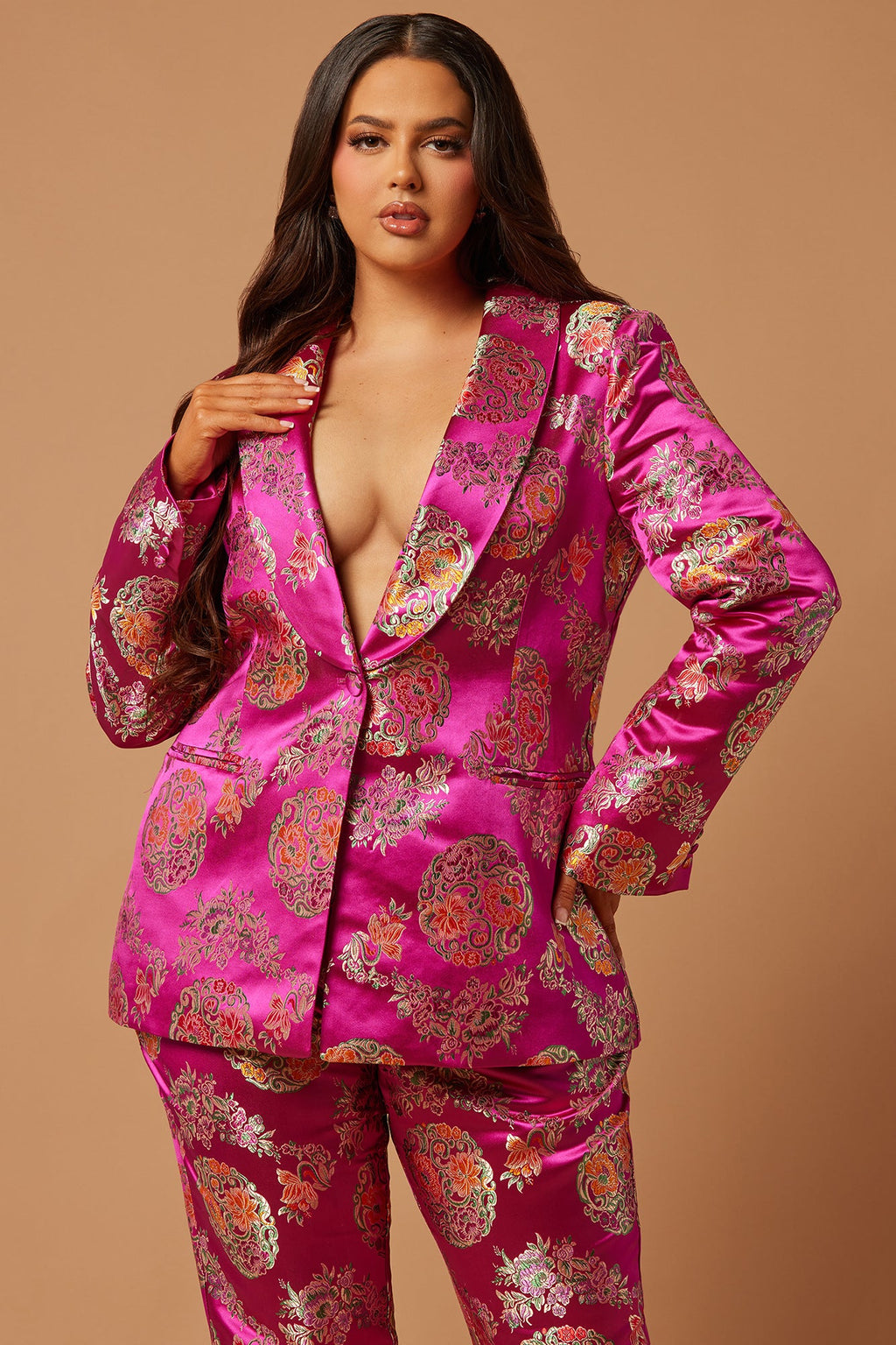 Margo Satin Embroidered Blazer Suit Set - Fuchsia