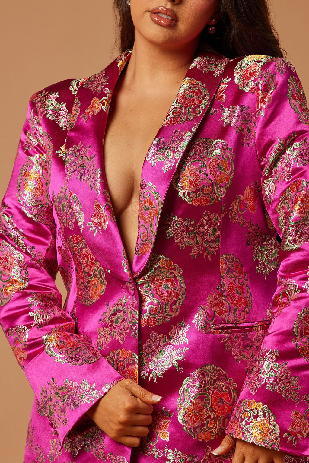Margo Satin Embroidered Blazer Suit Set - Fuchsia