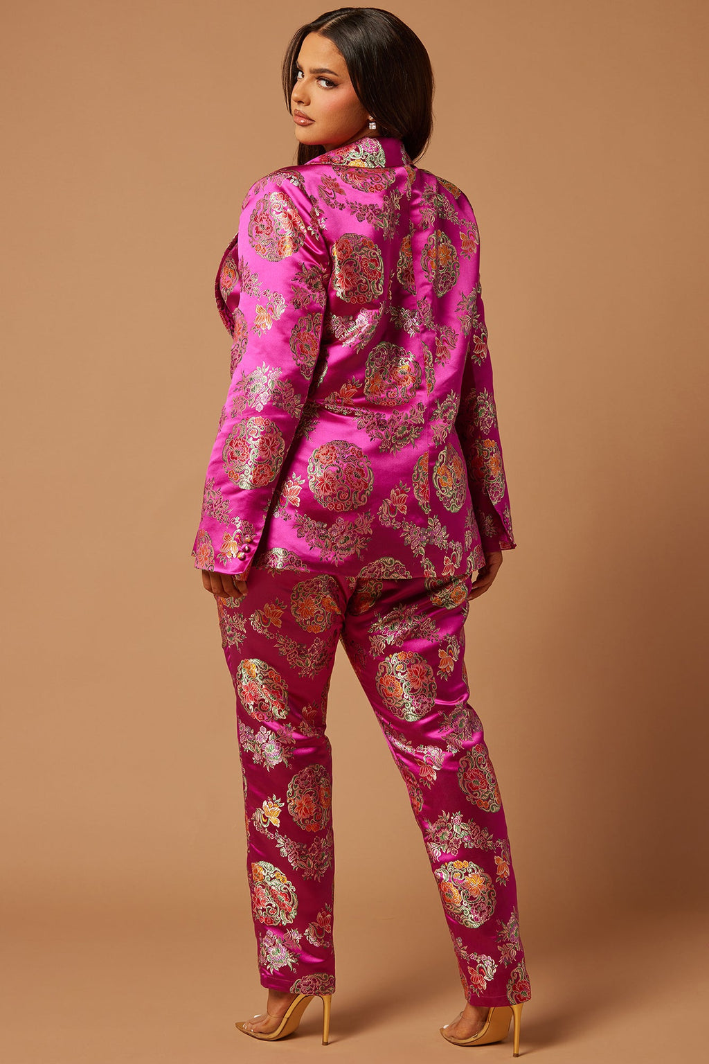 Margo Satin Embroidered Blazer Suit Set - Fuchsia