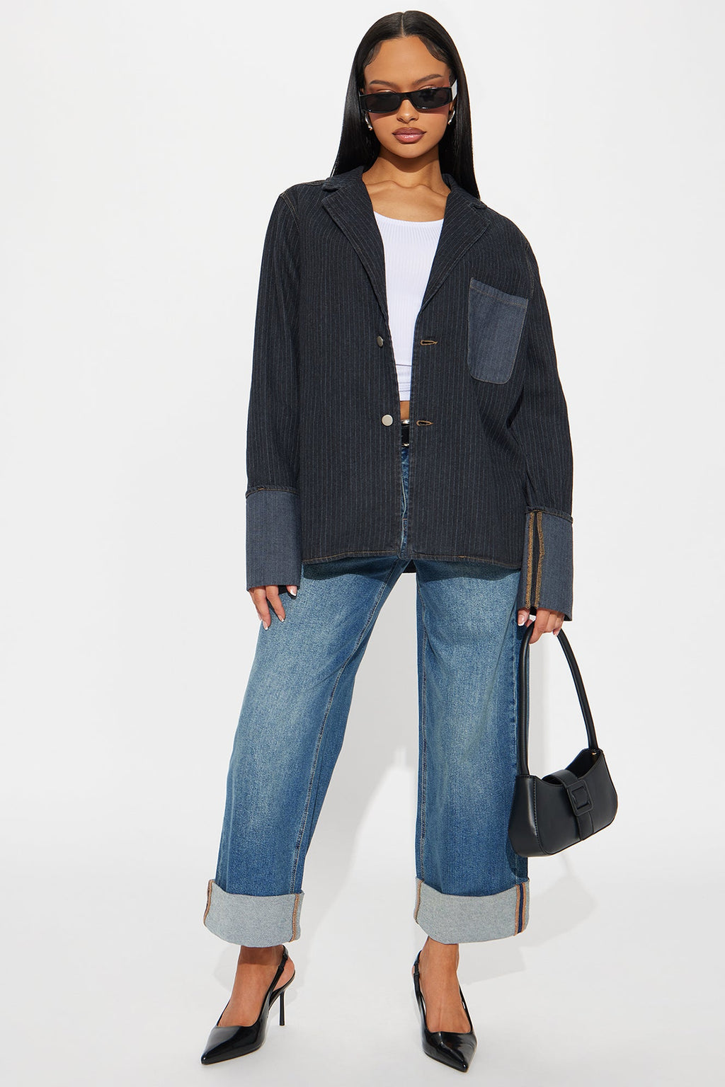 Nour Pinstripe Cuffed Oversized Denim Blazer - Dark Wash