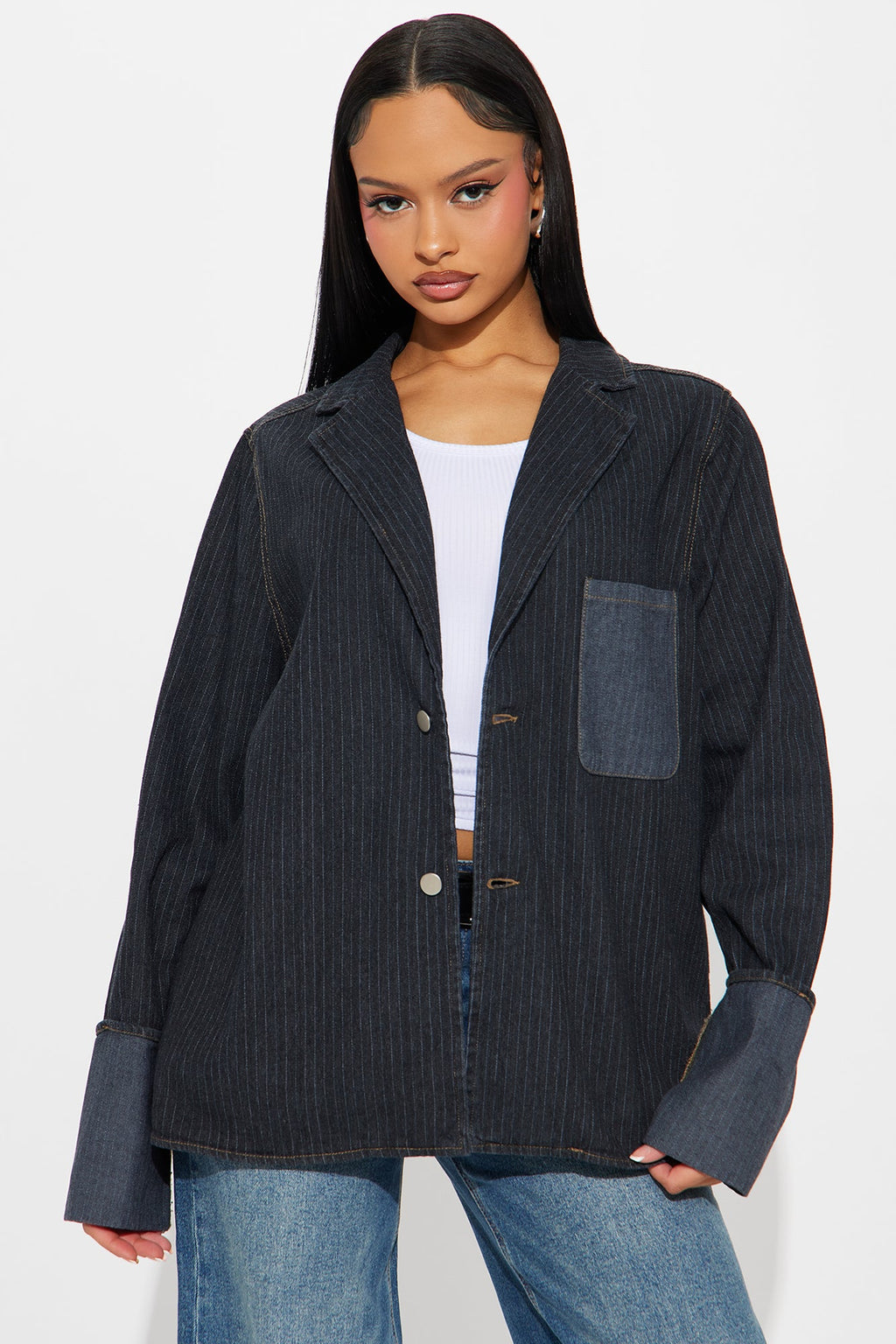 Nour Pinstripe Cuffed Oversized Denim Blazer - Dark Wash