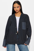 Nour Pinstripe Cuffed Oversized Denim Blazer - Dark Wash