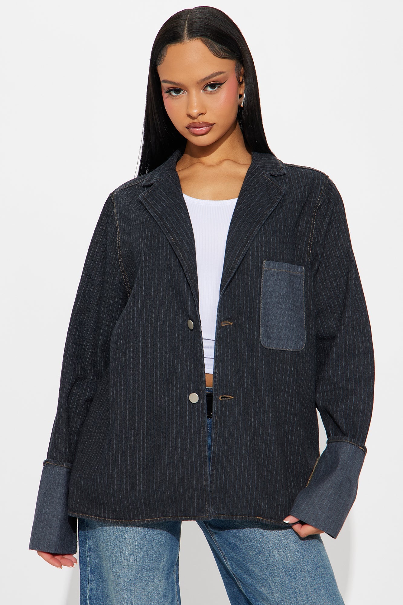 Nour Pinstripe Cuffed Oversized Denim Blazer - Dark Wash