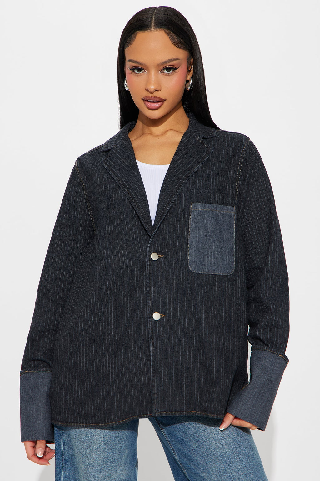 Nour Pinstripe Cuffed Oversized Denim Blazer - Dark Wash
