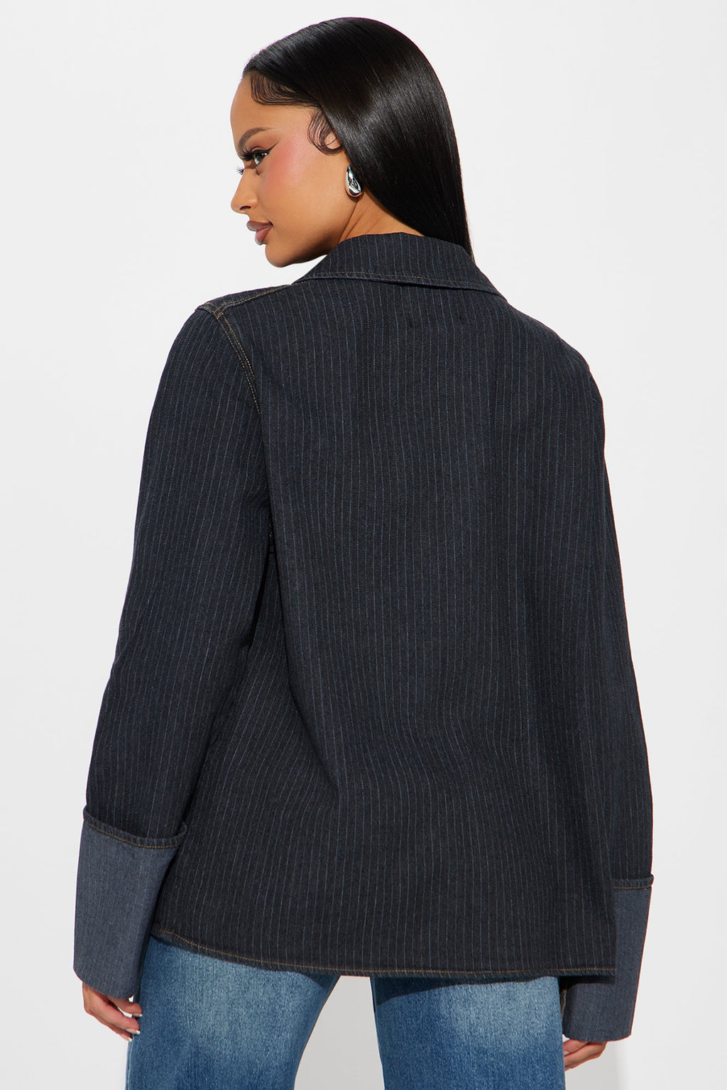 Nour Pinstripe Cuffed Oversized Denim Blazer - Dark Wash