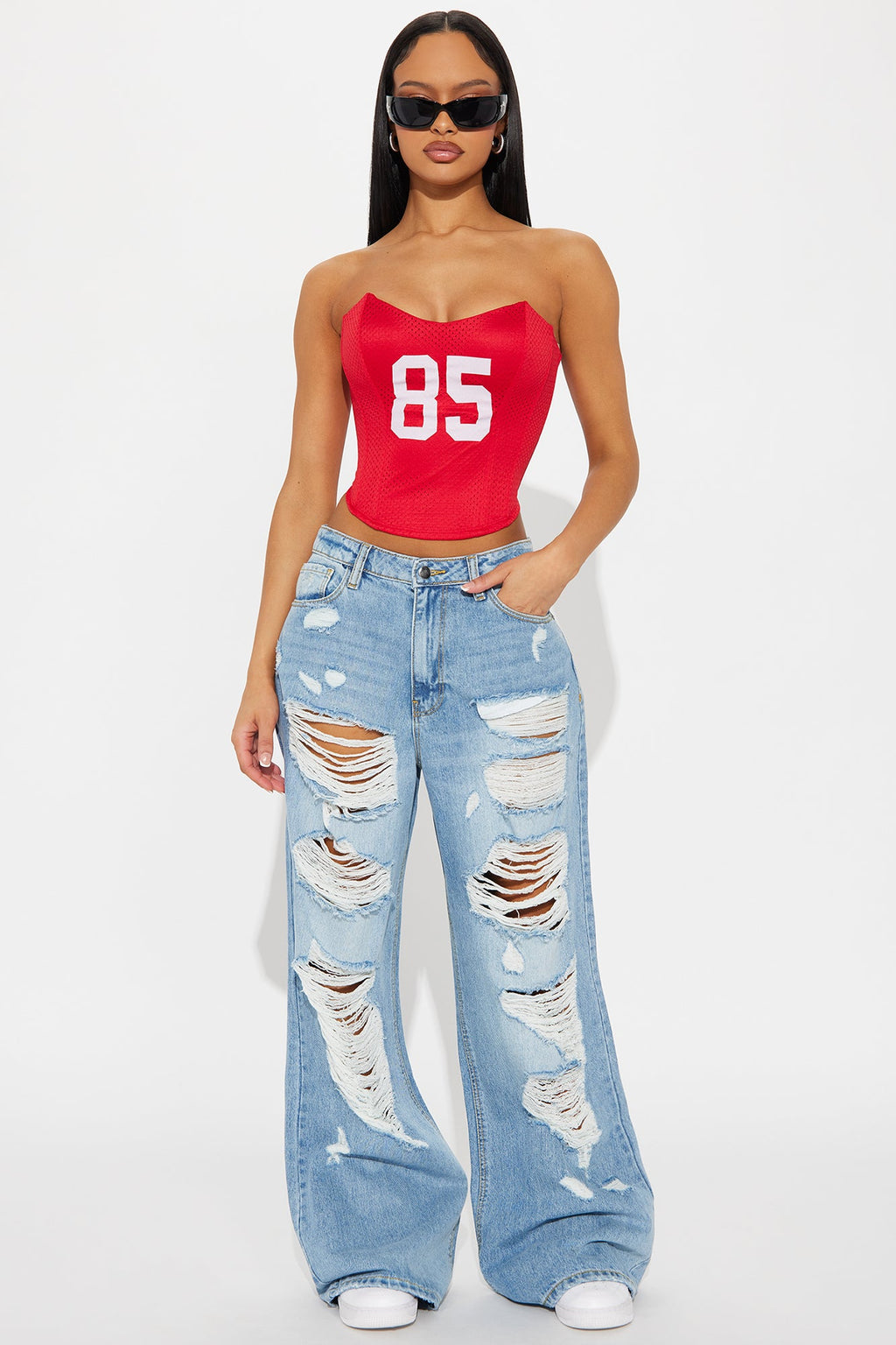 Selby Ripped Non Stretch Wide Leg Jeans - Medium Wash