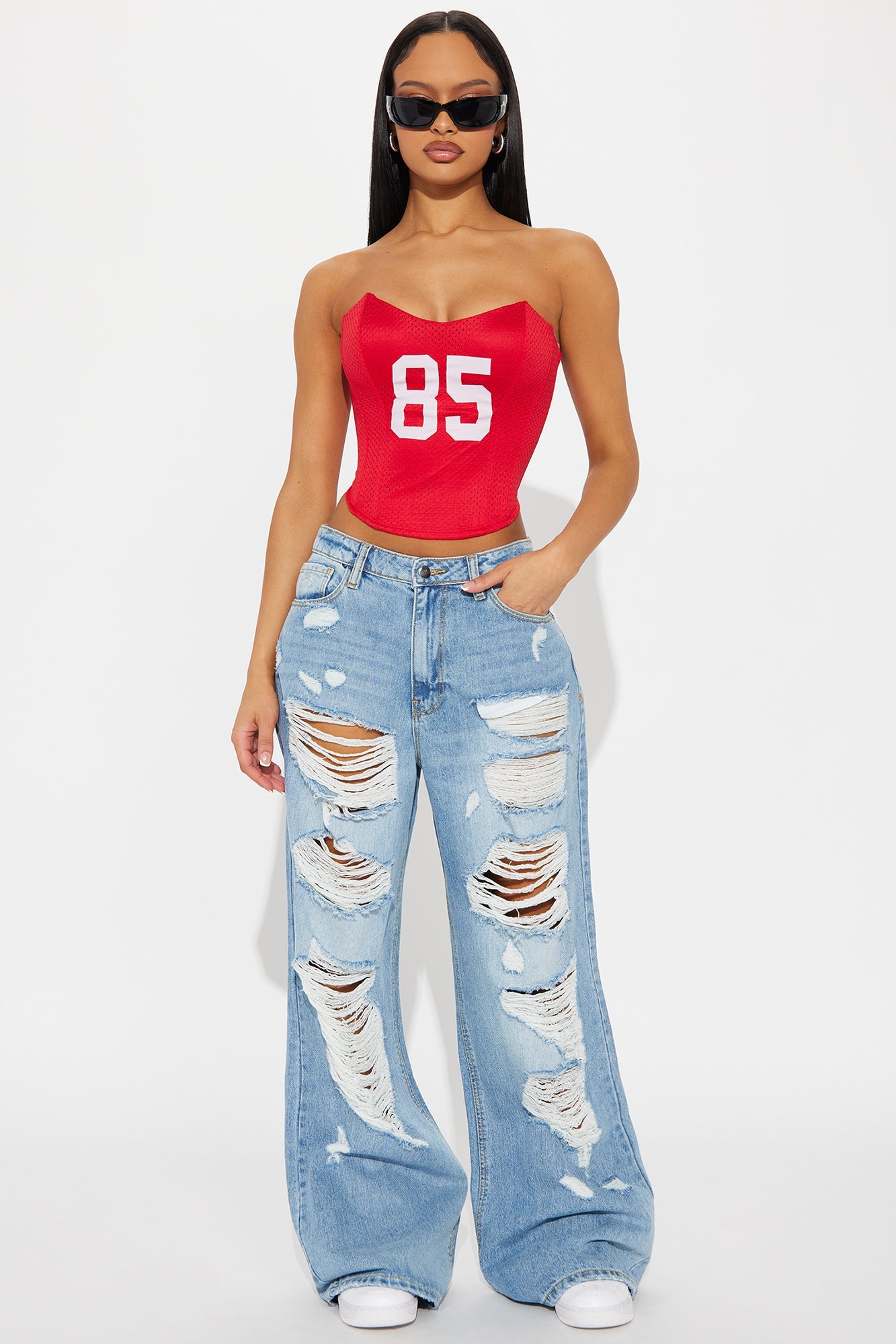 Selby Ripped Non Stretch Wide Leg Jeans - Medium Wash