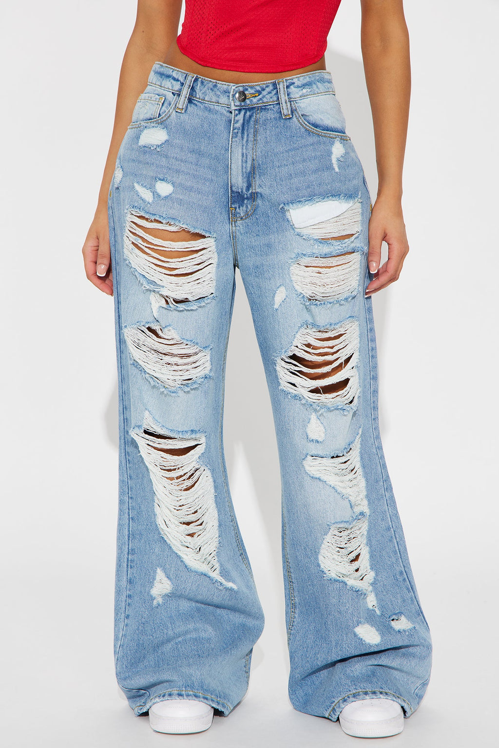 Selby Ripped Non Stretch Wide Leg Jeans - Medium Wash