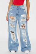 Selby Ripped Non Stretch Wide Leg Jeans - Medium Wash